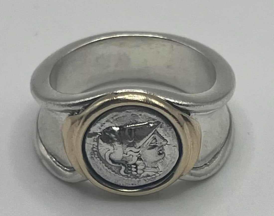 STERLING SILVER & 14K GOLD RING WITH ROMAN SOLIDER COIN SIZE 7.5 (1 of 2)