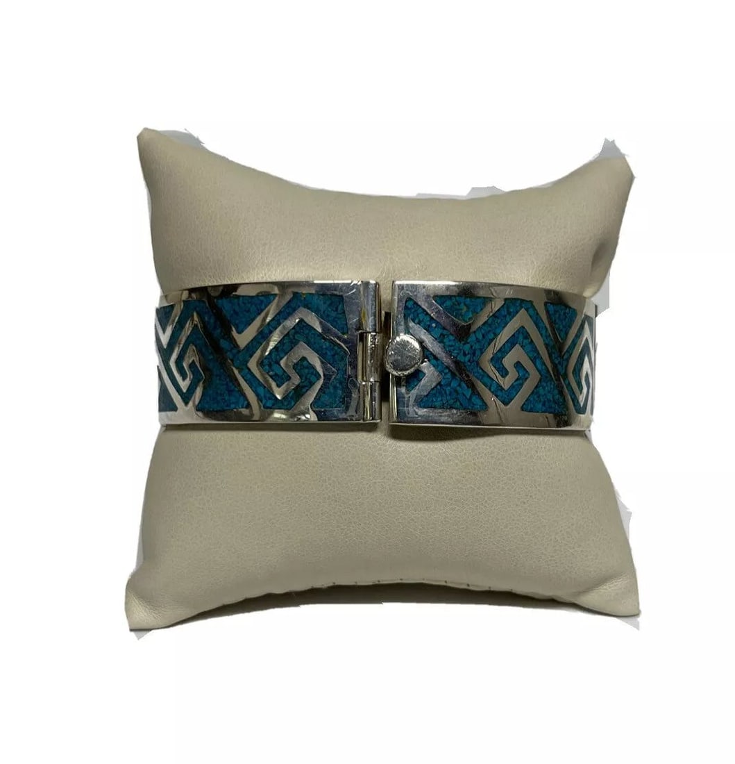 VINTAGE STERLING SILVER MOSAIC TURQUOISE WIDE LINK BRACELET (1 of 2)