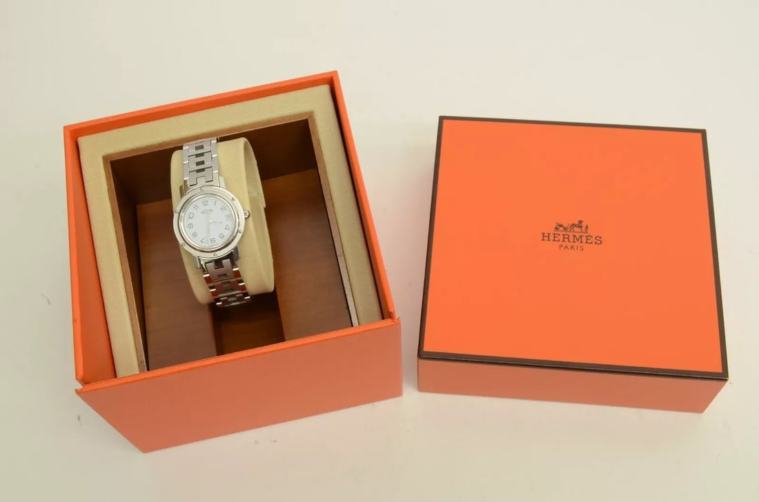 AUTHENTIC HERMES STAINLESS STEEL H LOGO BAND 23MM ROUND DATE WATCH CL4.210 (1 of 2)