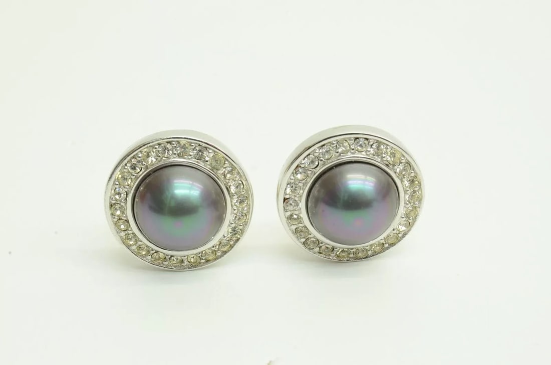 AUTHENTIC CHRISTIAN DIOR VINTAGE EARRINGS FAUX BLACK PEARL RHINESTONE SS JEWELRY (1 of 2)