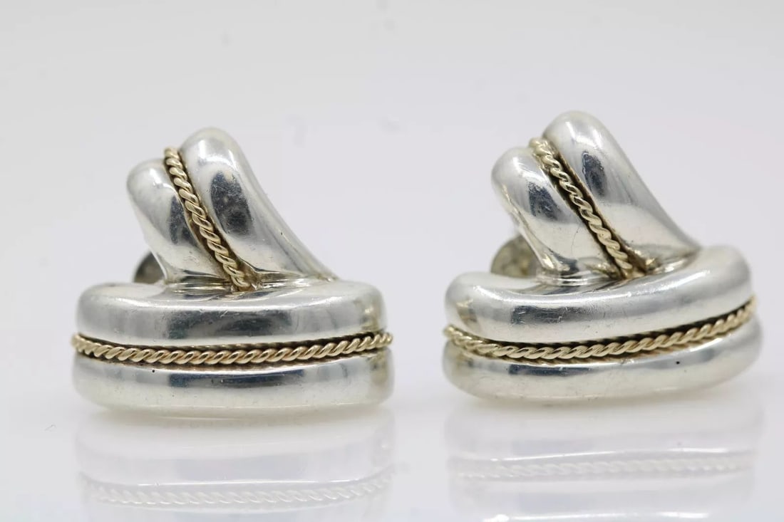 VINTAGE TIFFANY & CO STERLING SILVER & 14K GOLD V ROPE STUD EARRINGS W/ POUCH (1 of 2)