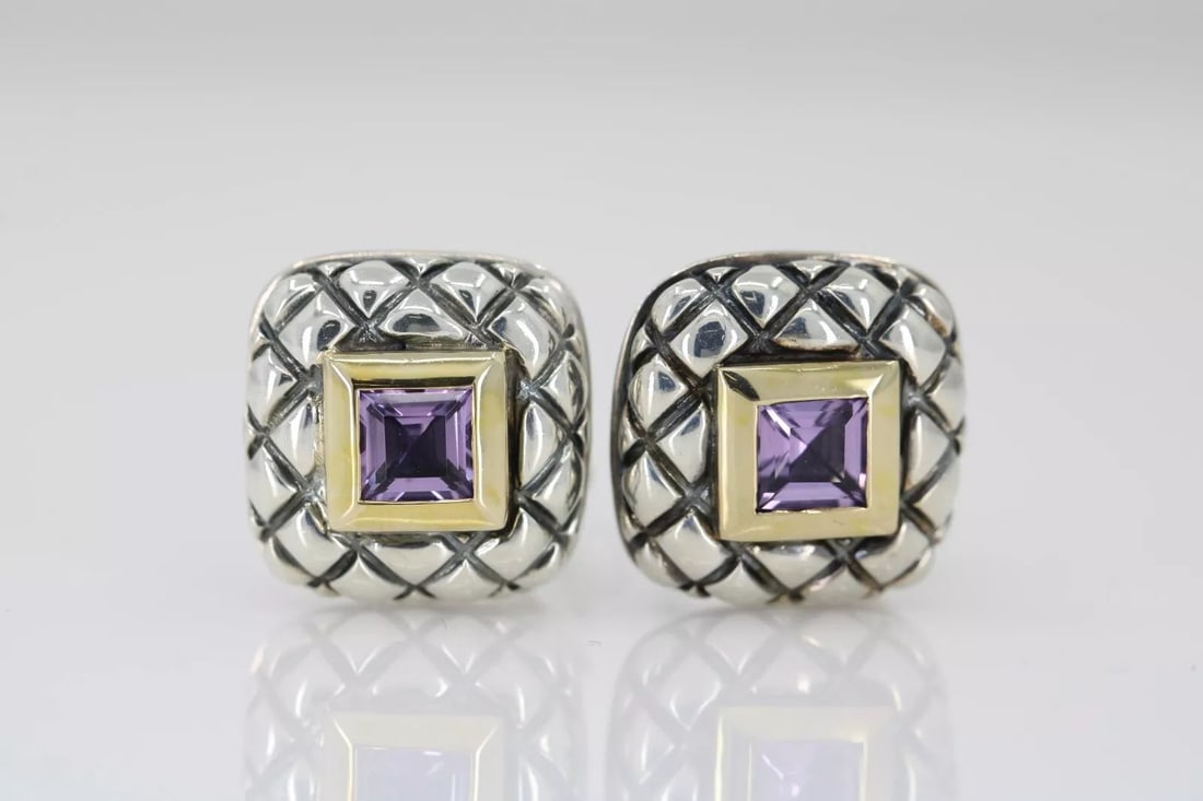 NANCY & DAVID STERLING SILVER & 14K YELLOW GOLD AMETHYST SQUARE EARRINGS (1 of 2)