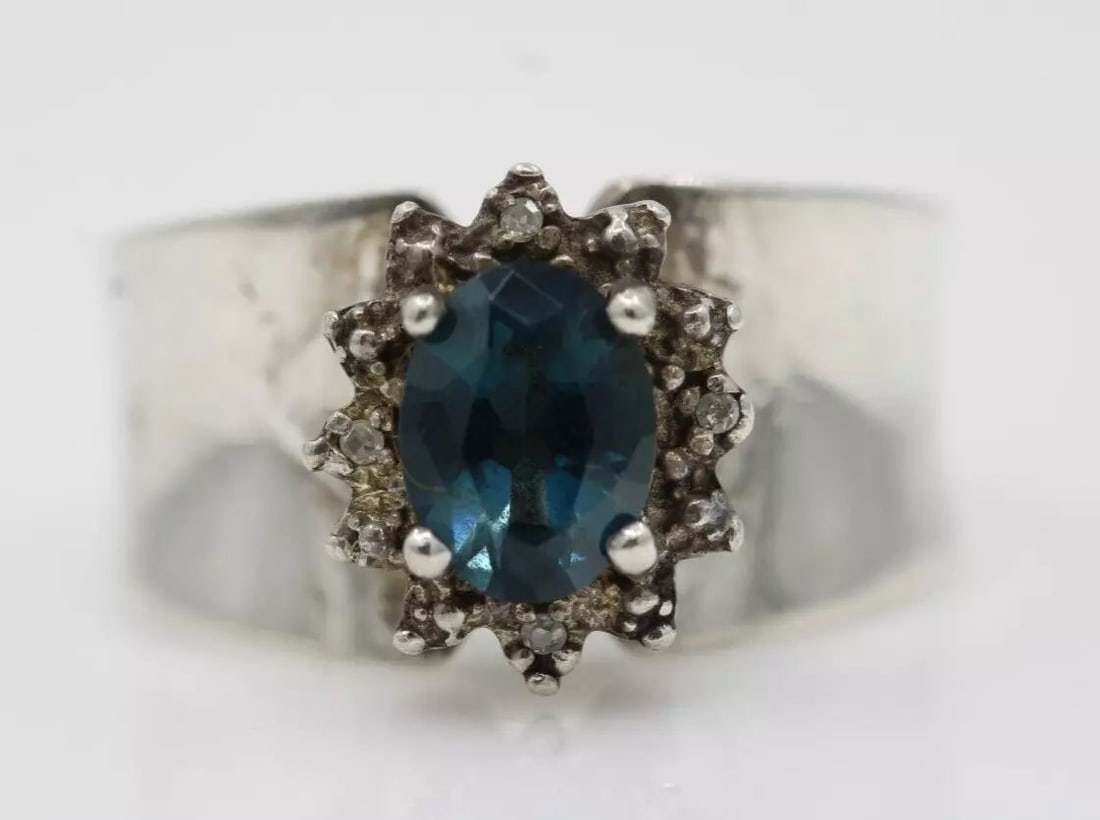 CLYDE DUNEIER CIA STERLING SILVER BLUE TOPAZ & DIAMOND RING SIZE 8.5 - 6.4 GR (1 of 2)