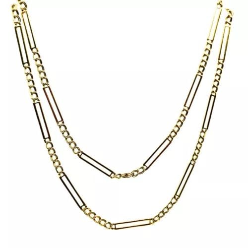 CHIMENTO NECKLACE 14K BAR LINK CHAIN: CHIMENTO NECKLACE 14K BAR LINK CHAIN DESIGNER: Chimento CIRCA: Late 20th Century MATERIALS: 14k Yellow Gold WEIGHT: 22.1 grams MEASUREMENTS: Length: 31”, Width: 1/8” HALLMARKS: Chimento, I