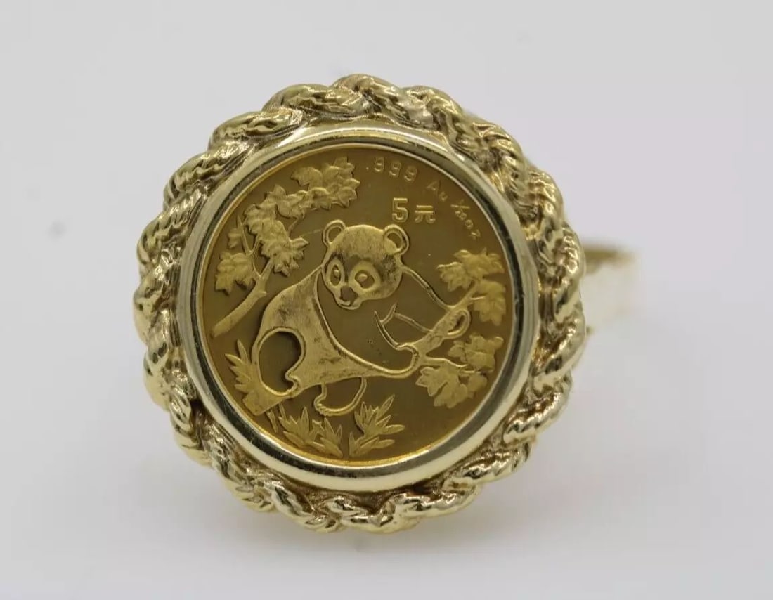 1992 CHINA PANDA 5Y 1/20 OZ .999 GOLD COIN W/ 14K GOLD ROPE RING 5.1 GRAMS (1 of 2)