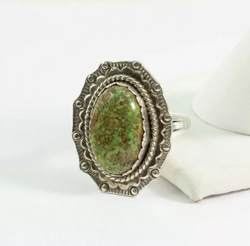 LITA TSATE ZUNI GREEN TURQUOISE STERLING SILVER RING SIZE 7.25 ~ 7.4 GRAMS (1 of 2)