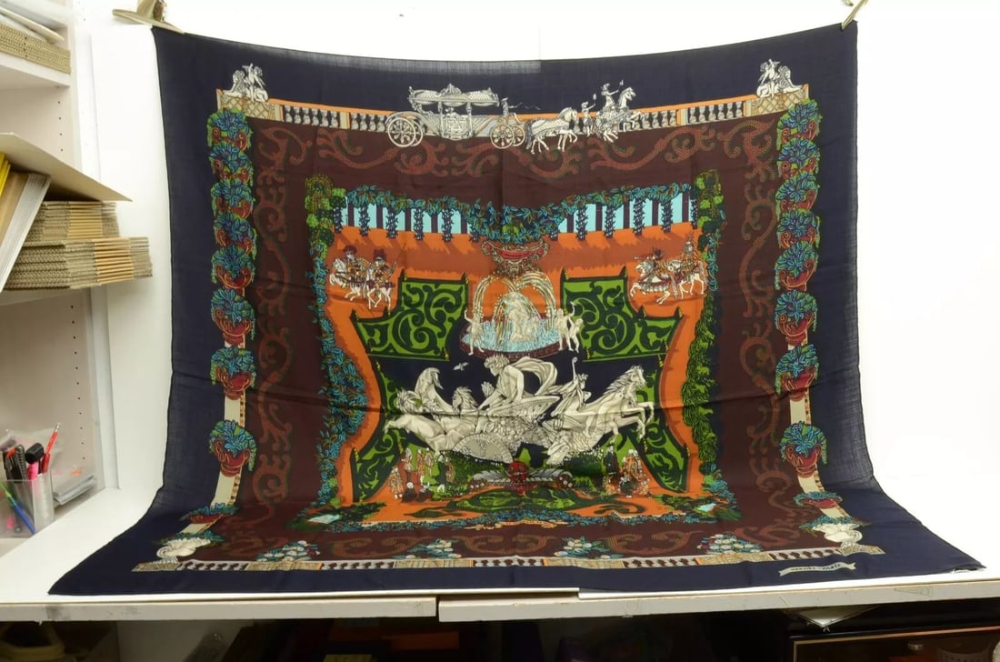 AUTHENTIC HERMES CASHMERE SHAWL LES PARADIS DU ROY NAVY FAIVRE 140CM SCARF (1 of 2)