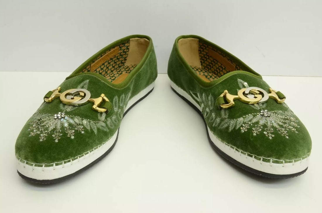 AUTHENTIC GUCCI VELVET SHOES CRYSTAL HORSEBIT GREEN GP LOAFER 474882 FASF0 3188 (1 of 2)