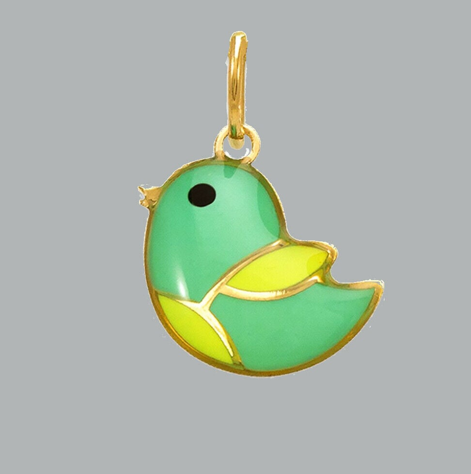 14K YELLOW GOLD ENAMEL PENDANT / CHARM SMALL BIRD: NEW 14K YELLOW GOLD ENAMEL PENDANT New 14K Yellow Gold Pendant / charm Measures: 10mm in diameter (small) Pendant has a polished finish Enamel Stamp: 14k Apx Weight: 0.3g