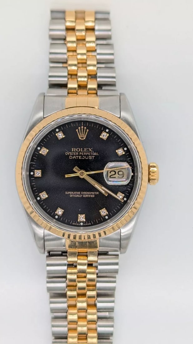 ROLEX OYSTER DATEJUST 16233 18K GOLD STEEL DIAMOND MARKER AUTOMATIC WATCH - 36MM (1 of 2)