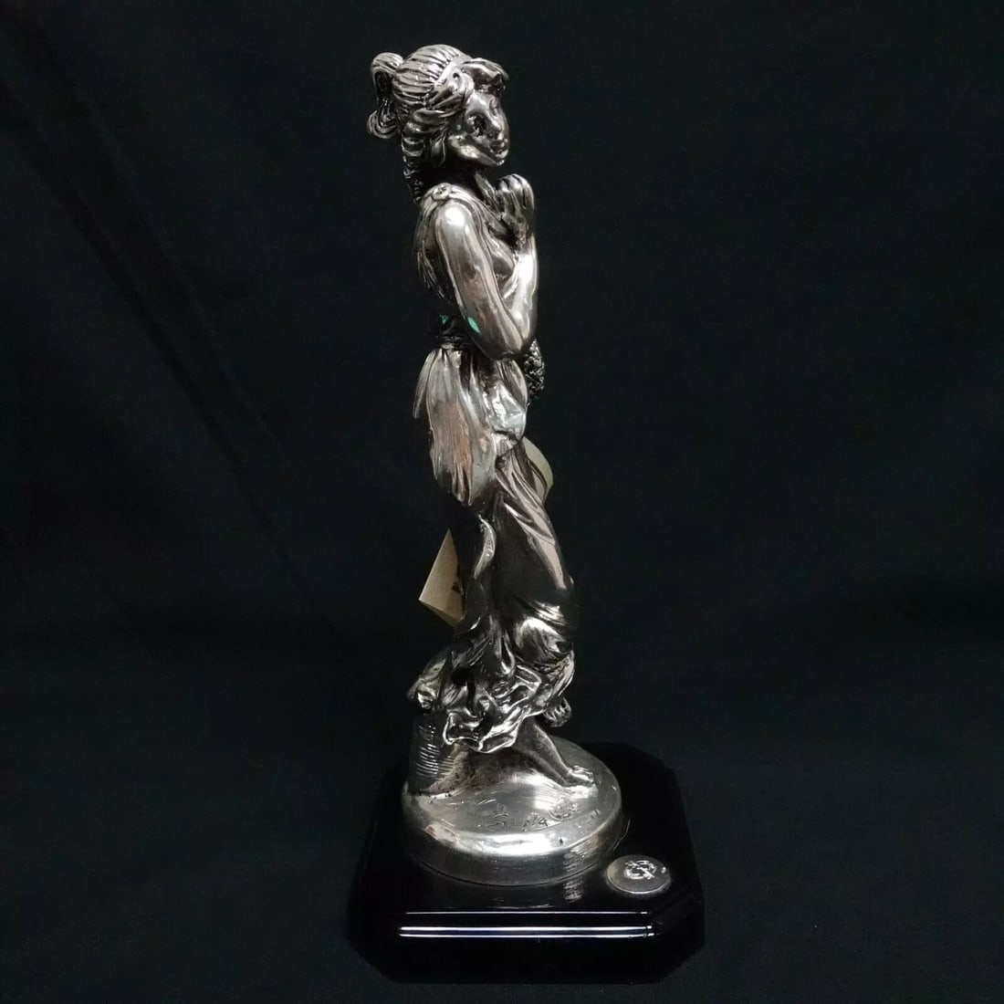 PREZIOSI D'ARTE EMYL SERE HAND CAST MARBLE SILVER OVERLAY WOMAN STATUE - 9.5": PREZIOSI D'ARTE EMYL SERE HAND CAST MARBLE SILVER OVERLAY WOMAN STATUE - 9.5" Preziosi D'Arte Emyl Sere Hand Cast Marble Silver Overlay Woman Statue with Black Wood Base Original Tag Included Height -