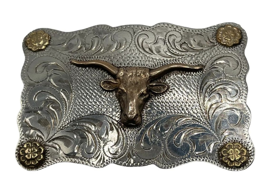 STERLING SILVER & BRASS LONGHORM BELT BUCKLE (1 of 2)