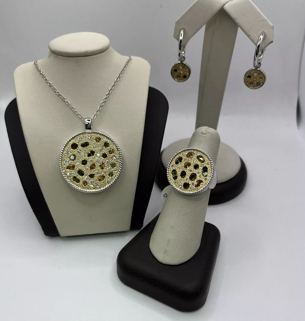 MULTI-COLORED STONE NECKLACE, EARRINGS AND RING (SIZE 7) (1 of 2)