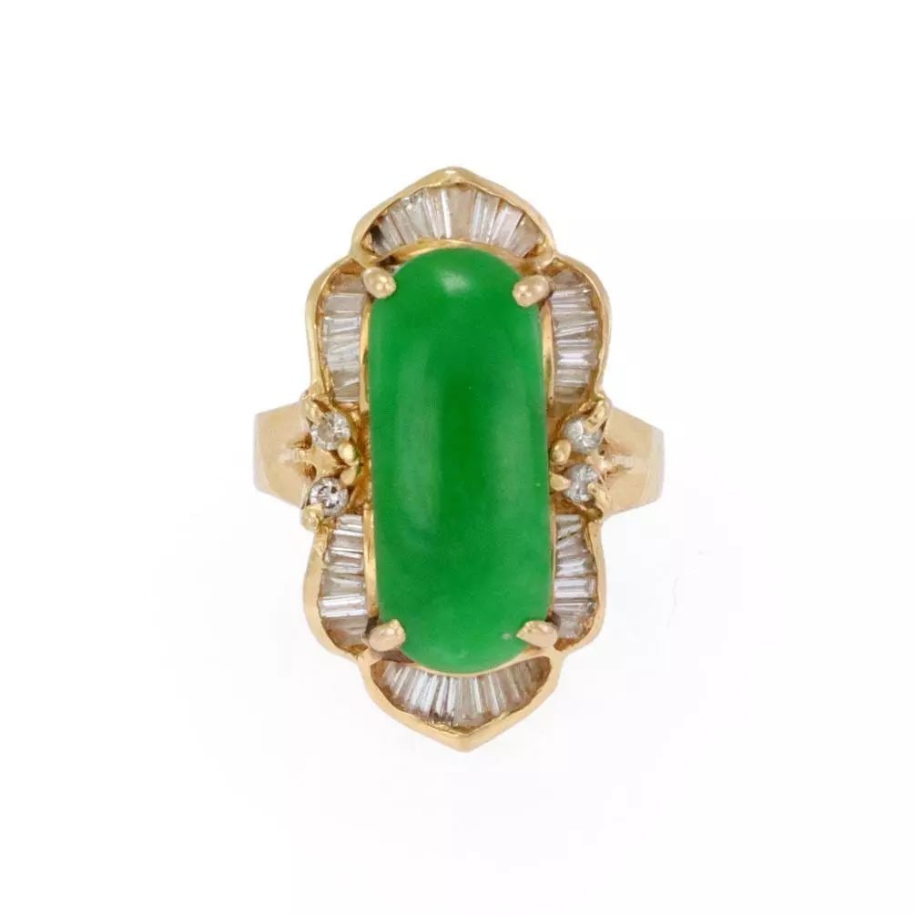 ESTATE DIAMOND JADE 18K YELLOW GOLD LONG COCKTAIL RING SIZE 5.5: Estate Diamond Jade 18k Yellow Gold Long Cocktail Ring Size 5.5 Description This is a lovely diamond and jade ring, crafted from 18k yellow gold featuring a long rectangular shape high polished grass