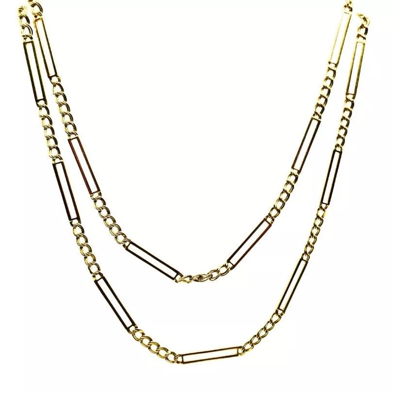 CHIMENTO NECKLACE 14K BAR LINK CHAIN: CHIMENTO NECKLACE 14K BAR LINK CHAIN DESIGNER: Chimento CIRCA: Late 20th Century MATERIALS: 14k Yellow Gold WEIGHT: 22.1 grams MEASUREMENTS: Length: 31”, Width: 1/8” HALLMARKS: Chimento, I