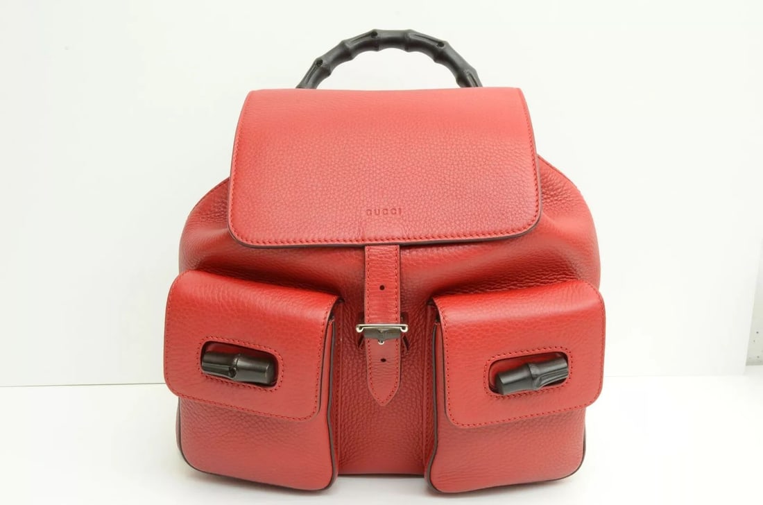 AUTHENTIC GUCCI RED LEATHER BLACK BAMBOO TOGGLE WOOD BACKPACK SP TIESTRING BAG (1 of 2)