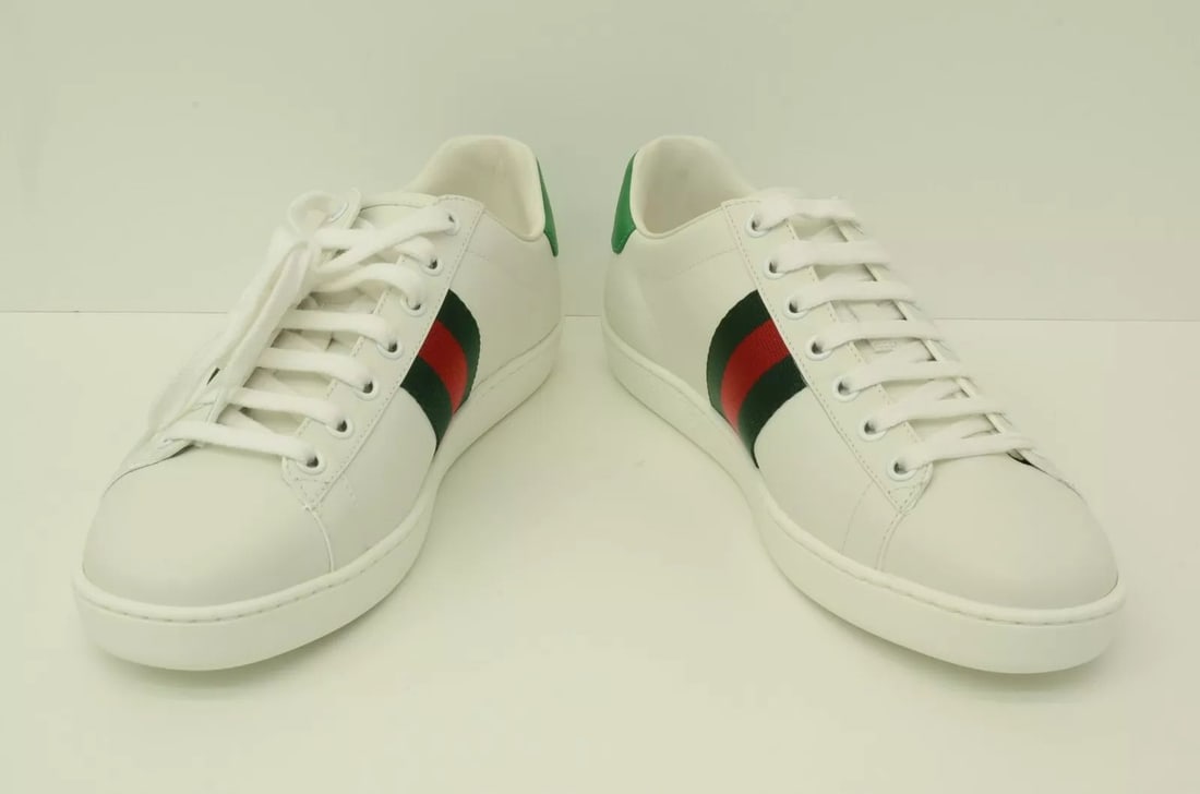 AUTHENTIC GUCCI PIG CAT YARN SHOES WHITE SNEAKERS GREEN WEB STRIPE 9 ACE LOW (1 of 2)