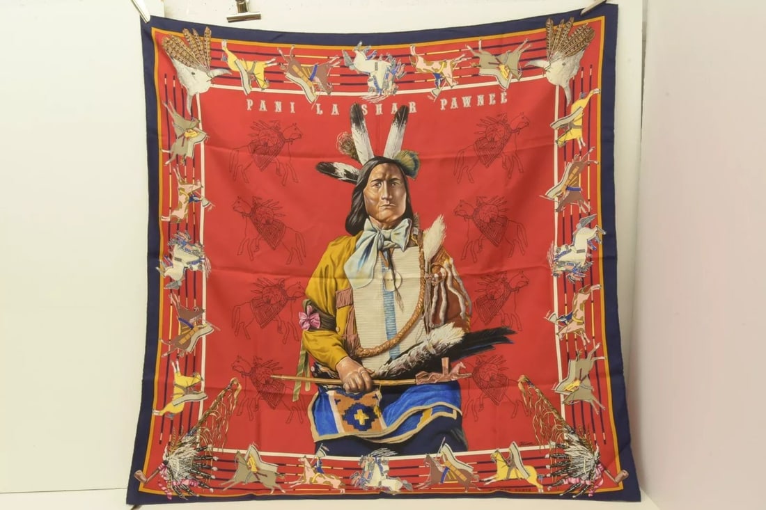 AUTHENTIC HERMES SILK SCARF PANI LA SHAR PAWNEE RED OLIVER NATIVE 90CM CARRE (1 of 2)