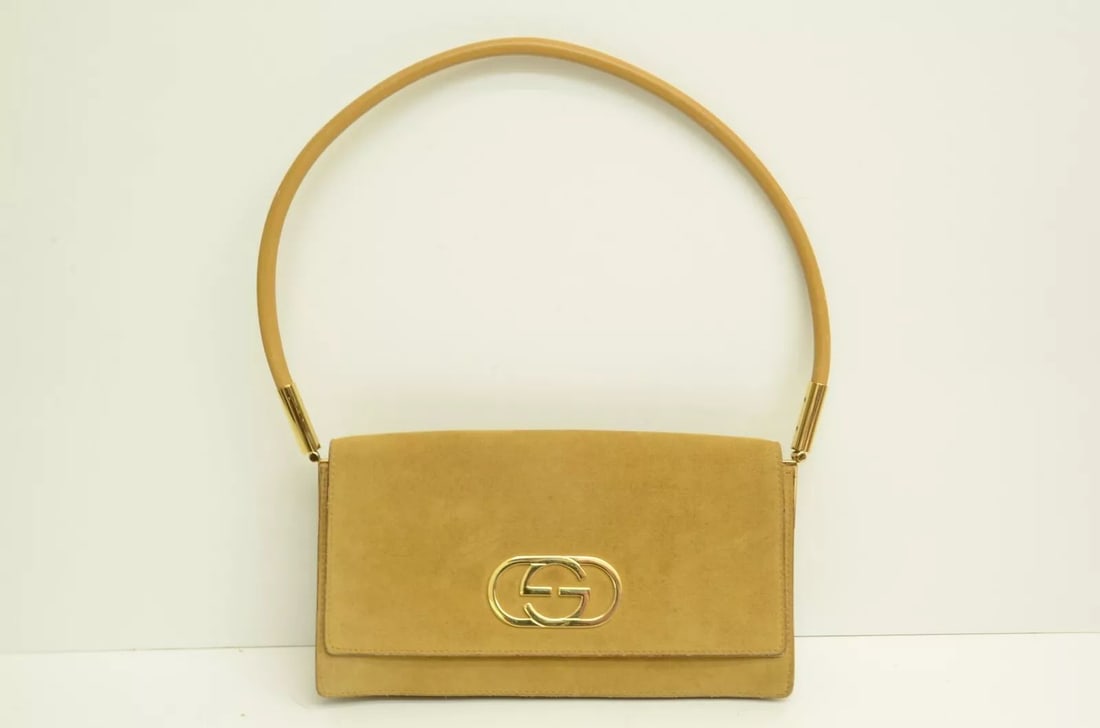 AUTHENTIC GUCCI VINTAGE TAN SUEDE RECTANGLE LEATHER STRAP GG LOGO SHOULDER BAG (1 of 2)