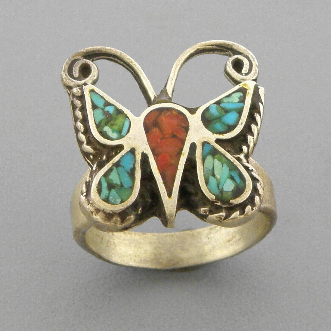 VINTAGE SOUTHWESTERN STERLING SILVER CORAL & TURQUOISE BUTTERFLY RING SIZE 4 (1 of 2)