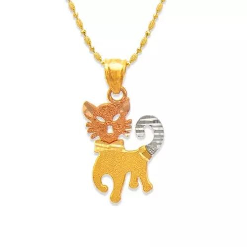 NEW 14K TRICOLOR GOLD KITTY CAT PENDANT: NEW 14K TRICOLOR GOLD KITTY CAT PENDANT 14K Tricolor Gold Approx. 15x18mm High Polished Chains Sold Separately Weight: 1.4 Grams