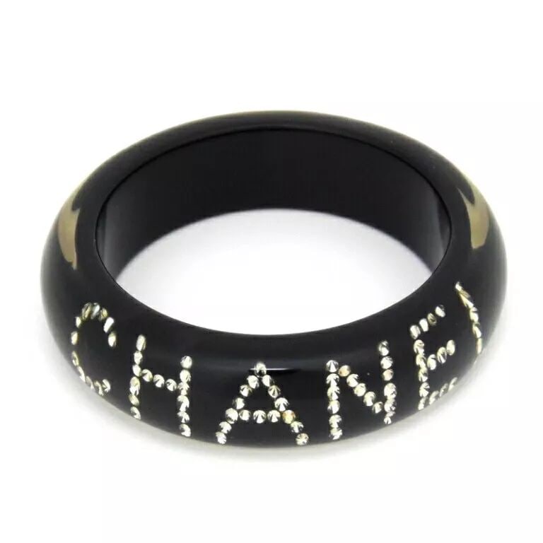 CHANEL BRACELET BANGLE BLACK CC LOGO RHINESTONE COCO 03A PLASTIC AUTHENTIC (1 of 2)