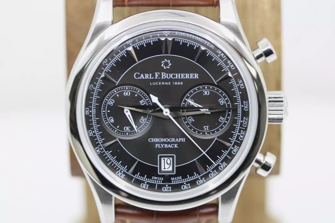 CARL F. BUCHERER MANERO FLYBACK 43MM BLACK DIAL AUTOMATIC STEEL WATCH 10919.08: Carl F. Bucherer Manero Flyback 43MM Black Dial Chrono Automatic Stainless Steel Watch 10919.08 The watch has been used previously. The watch may have some signs of cosmetic wear, but is fully operati