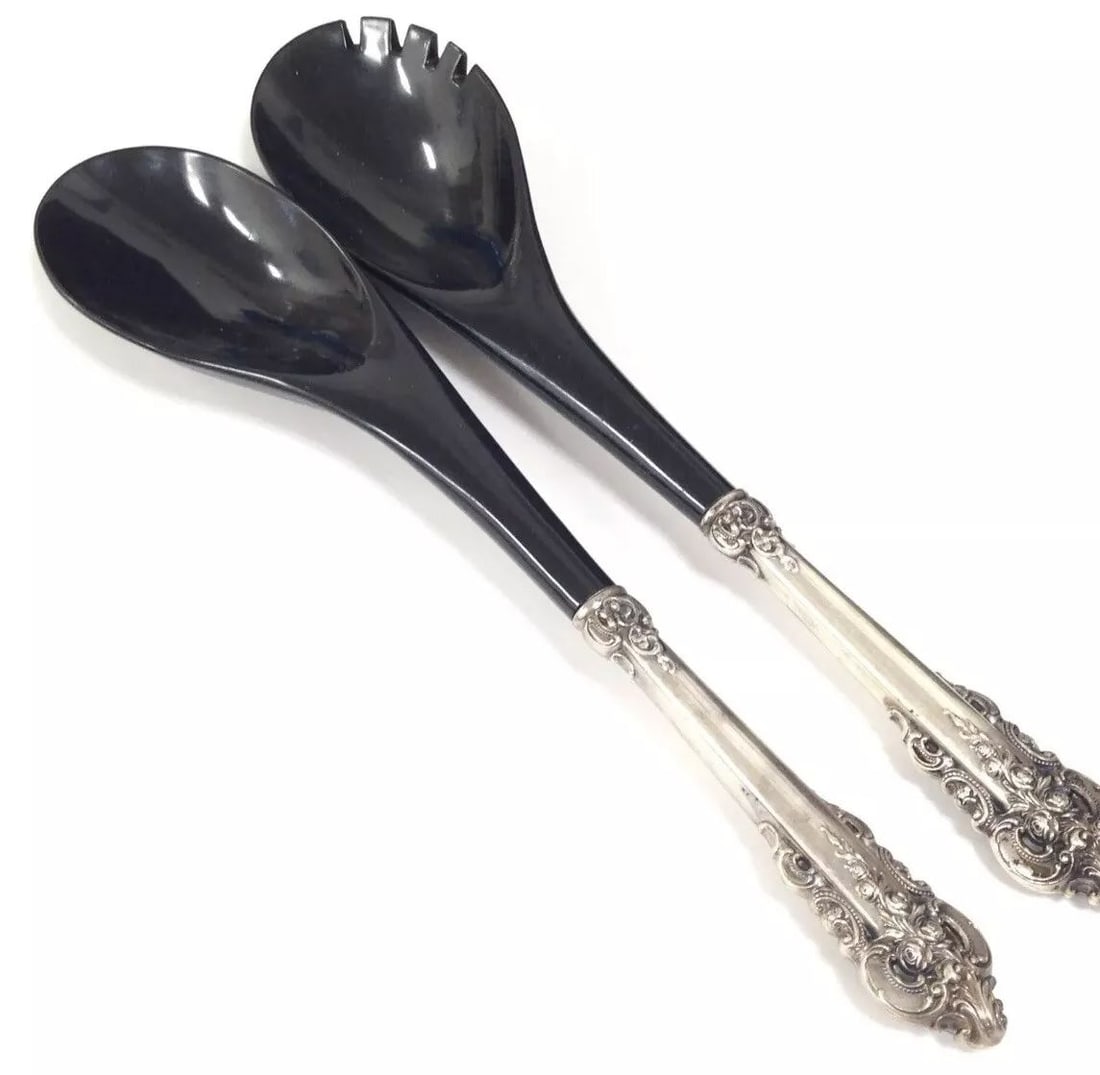 GRANDE BAROQUE BY WALLACE STERLING SILVER- BLACK PLASTIC 2-PIECE SALAD SET 12.5" (1 of 2)