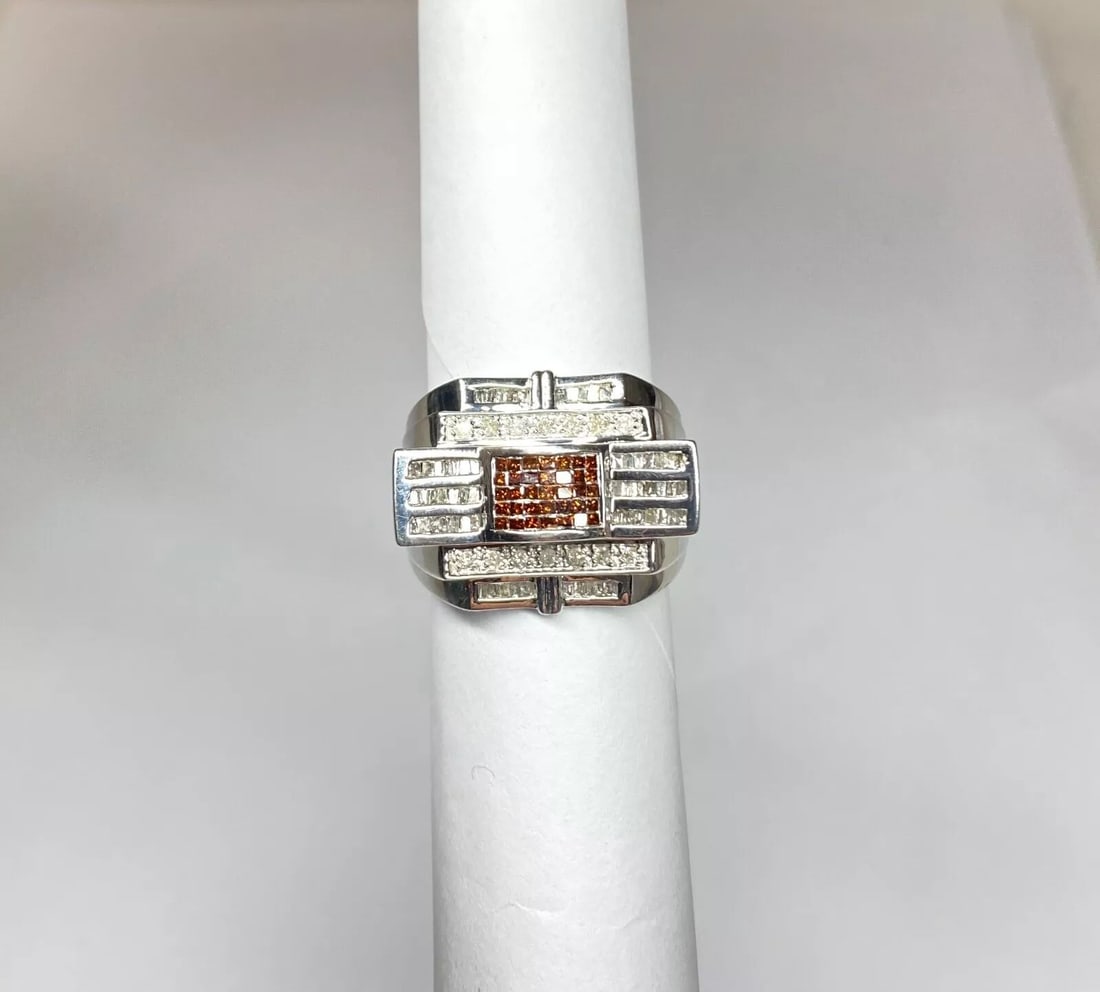 MEN'S 14K WHITE GOLD RING WITH 1CT RED/WHITE DIAMONDS SIZE 10 HEAVY (1 of 2)