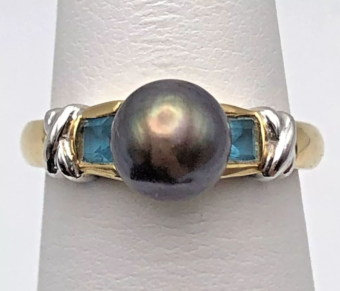 14K YELLOW GOLD RING SET WITH CENTER TAHITIAN PEARL AND BLUE TOPAZ   SIZE: 6.25 (1 of 2)