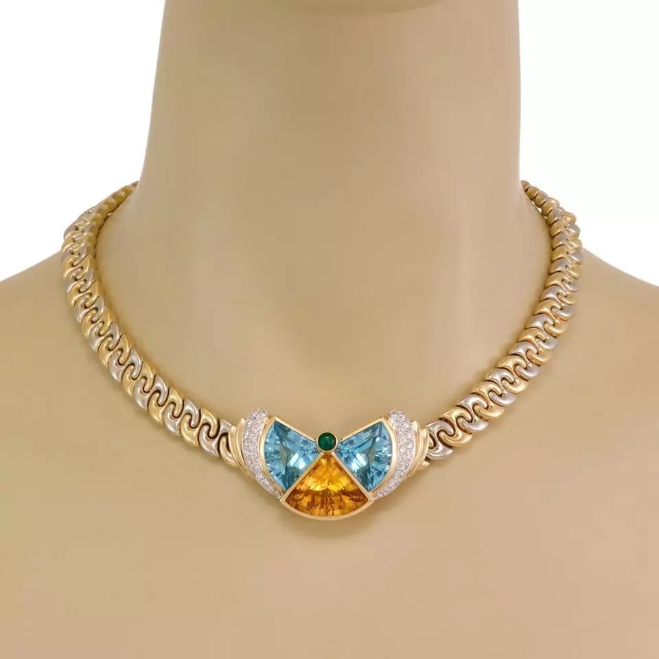 CHIMENTO 18K DIAMOND & GEMS TWO TONE GOLD FANCY COLLAR NECKLACE: CHIMENTO 18K DIAMOND & GEMS TWO TONE GOLD FANCY COLLAR NECKLACE Chimento Diamond & Gems 18k Two Tone Gold Fancy Collar Necklace Description This beautiful chic necklace is by Chimento, crafted from 18