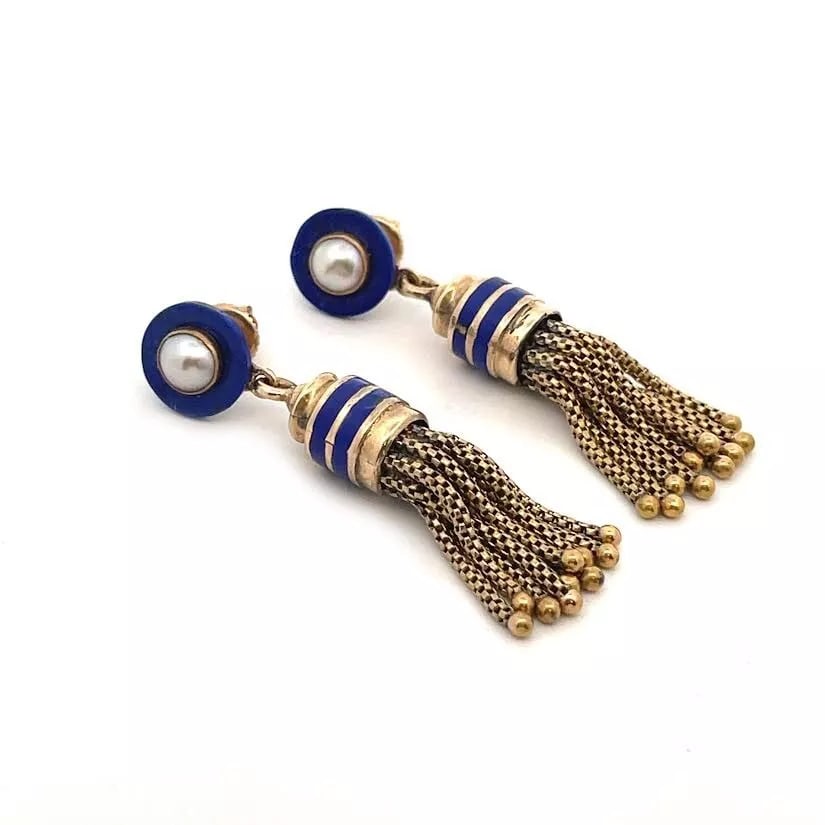 VINTAGE LAPIS 18K 12K YELLOW GOLD PEARL MULTI-TASSEL CHAIN DANGLE EARRINGS (1 of 2)