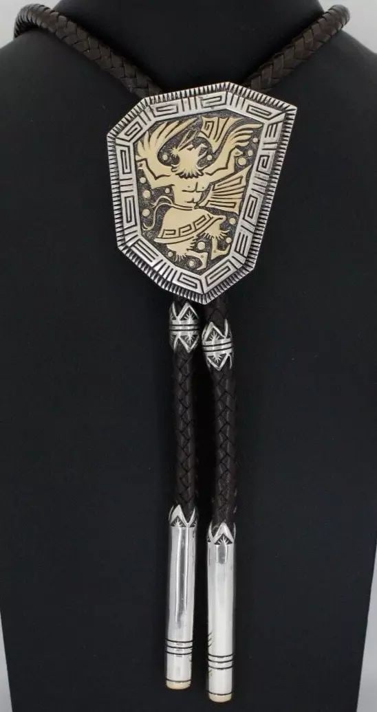 RARE VINTAGE STERLING & 14K YELLOW GOLD NAVAJO BOLO TIE SIGNED BY ROBERT TAYLOR (1 of 2)