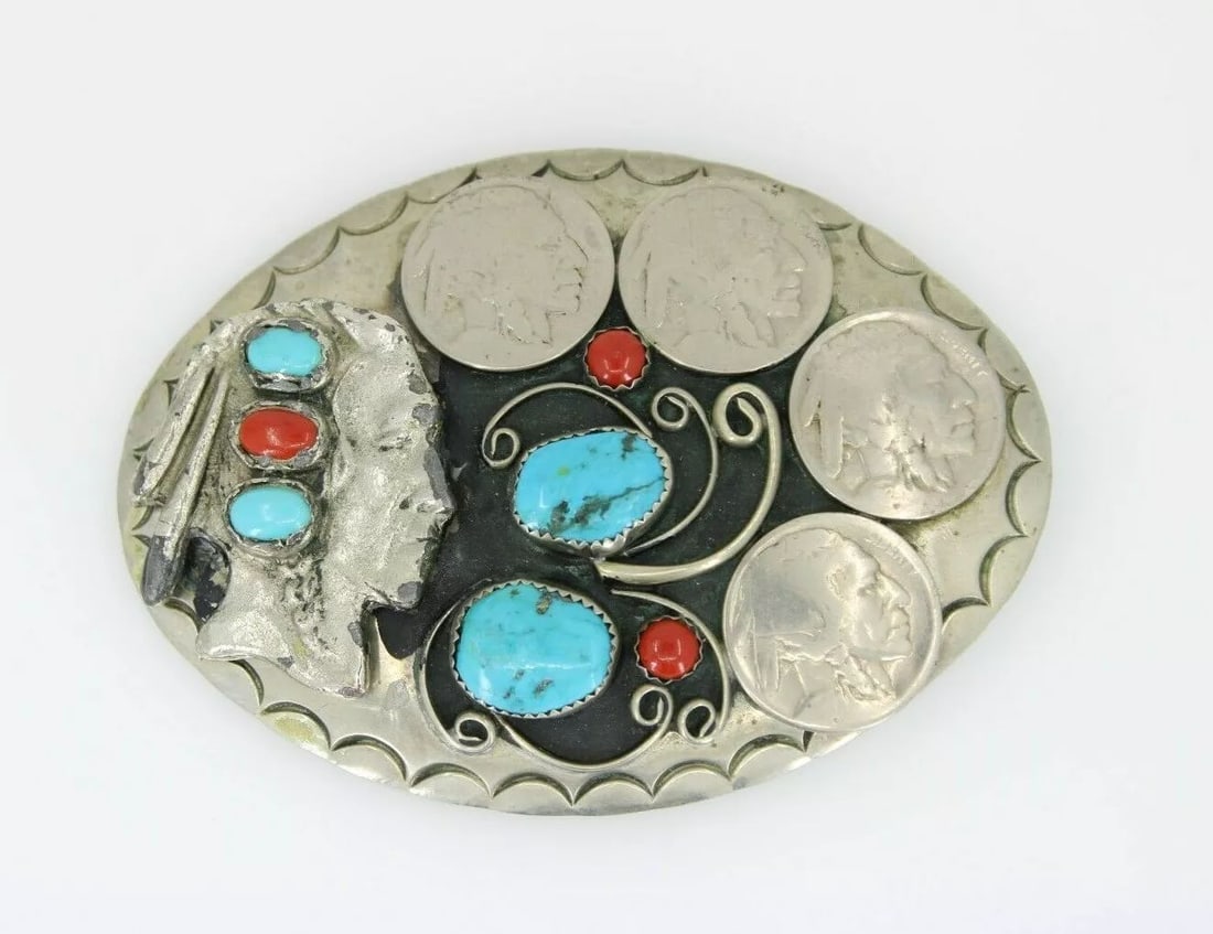 VINTAGE SQUAW WRAP SIGNED BUFFALO NICKEL TURQUOISE RED CORAL BELT BUCKLE 3.625: VINTAGE SQUAW WRAP SIGNED BUFFALO NICKEL TURQUOISE RED CORAL BELT BUCKLE 3.625” Vintage SQUAW WRAP Signed Buffalo Nickel Turquoise Red Coral Belt Buckle 3.625” Indian Measures 3.625" x 2.6
