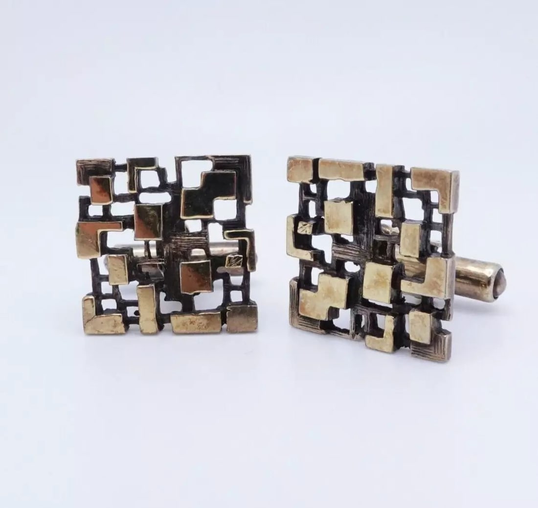 FM LONDON 1989 YELLOW GOLD PLATED STERLING SILVER SQUARE GEOMETRIC CUFFLINKS (1 of 2)