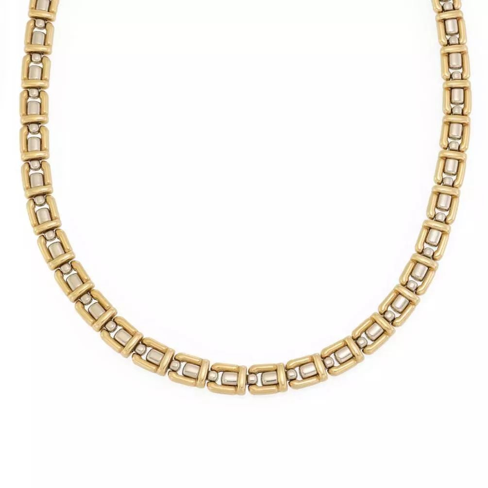 CHIMENTO 18K TWO TONE GOLD 8MM WIDE FANCY LINK COLLAR NECKLACE: Chimento 18k Two Tone Gold 8mm Wide Fancy Link Collar Necklace LIQUIDATION Description This lovely authentic collar necklace is by Chimento, crafted from 18k yellow and white gold featuring an 8mm wid
