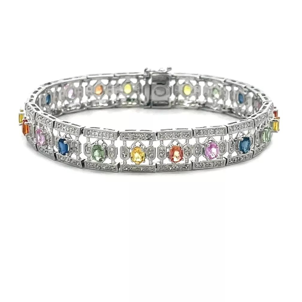 6892 DIAMOND GOLD BRACELET MULTICOLOR SAPPHIRE 14K WHITE FILIGREE LINKS (1 of 2)