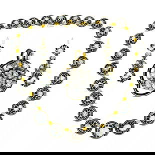 GEORGIAN PARURE SET GOLD SILVER ROSE CUT DIAMOND NECKLACE EARRINGS BROOCH: GEORGIAN Diamond Silver 18k Gold Parure An antique Georgian parure set, made of gold and silver, featuring approximately 20 carats of rose cut diamonds. This impressive Georgian set includes a necklac