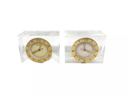 1950S CARTIER YELLOW GOLD AND LUCITE PAIR OF DESK CLOCKS W/ LECOULTRE MOVEMENT: 1950S CARTIER YELLOW GOLD AND LUCITE PAIR OF DESK CLOCKS W/ LECOULTRE MOVEMENT 1950S CARTIER YELLOW GOLD AND LUCITE PAIR OF DESK CLOCKS W/ LECOULTRE MOVEMENT Set of 2 Cartier desk clocks made in 1950'