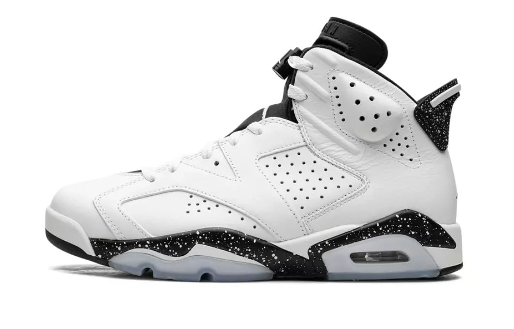 AIR JORDAN 6 REVERSE OREO WHITE BLACK US SHOE SIZE 11: The Air Jordan 6 Retro 'Reverse Oreo' features a white leather upper with breathable perforations throughout the midfoot and collar. The championship silhouette is equipped with a black two-hole tongu