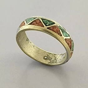 VINTAGE NAVAJO STERLING SILVER CORAL & TURQUOISE INLAY BAND RING SIZE 9.5 (1 of 2)
