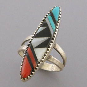 VINTAGE ZUNI STERLING SILVER MOP CORAL ONYX TURQUOISE INLAY RING (1 of 2)
