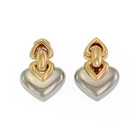 BVLGARI BULGARI DIAMOND 18K & STEEL GOLD DOUBLE HEARTS POST CLIP EARRINGS (1 of 2)