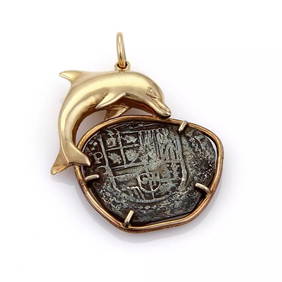 ANTIQUE STYLE SILVER COIN 14K YELLOW GOLD DOLPHIN PENDANT (1 of 2)