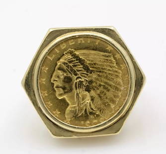 1909 $2.50 INDIAN HEAD GOLD QUARTER EAGLE IN 14K YELLOW GOLD RING SIZE 9 -15.3GR: 1909 $2.50 INDIAN HEAD GOLD QUARTER EAGLE IN 14K YELLOW GOLD RING SIZE 9 -15.3GR 1909 $2.50 Indian Head Gold Quarter Eagle in 14k Yellow Gold Ring Item is in good condition. May show signs of wear. AP