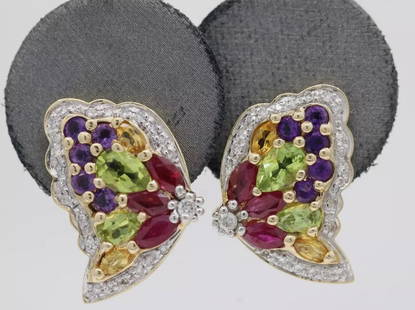 14K YELLOW GOLD MULTI-GEMSTONE BUTTERFLY OMEGA STUD EARRINGS 9.3 GRAMS: 14K Yellow Gold Multi-Gemstone Butterfly Omega Stud Earrings Earrings are in good condition. May show signs of wear. APPROXIMATE MEASUREMENTS Length: 0.75" Width: 0.5" Weighs 9.3 Grams The listing is