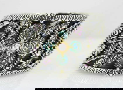RARE BARBARA BIXBY CASTLE GARDEN STERLING & 18K MULTI-GEMSTONE LEATHER CUFF: RARE BARBARA BIXBY CASTLE GARDEN STERLING & 18K MULTI-GEMSTONE LEATHER CUFF RARE Barbara Bixby Castle Garden Sterling & 18K Multi-Gemstone Leather Cuff Item is in great condition. May show signs of we