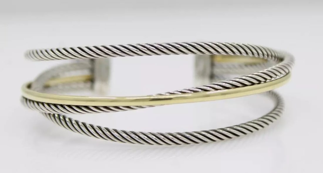 DAVID YURMAN STERLING SILVER & 18K GOLD CROSSOVER 3 ROW CABLE CUFF BRACELET (1 of 2)