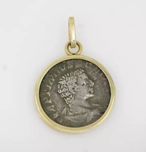ANCIENT ROMAN SILVER COIN SET IN 14K YELLOW GOLD PENDANT 4.3 GRAMS: ANCIENT ROMAN SILVER COIN SET IN 14K YELLOW GOLD PENDANT 4.3 GRAMS Description Ancient Roman Coin in 14k Yellow Gold Pendant The coin & pendant are in good condition. May show signs of wear. APPROXIMA
