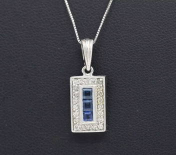 VINTAGE 14K WHITE GOLD NATURAL BLUE SAPPHIRE & DIAMOND PENDANT W/ 18" NECKLACE: VINTAGE 14K WHITE GOLD NATURAL BLUE SAPPHIRE & DIAMOND PENDANT W/ 18" NECKLACE Description Vintage 14K White Gold Natural Blue Sapphire & Diamond Pendant w/ 18" Necklace The pendant & chain are in goo